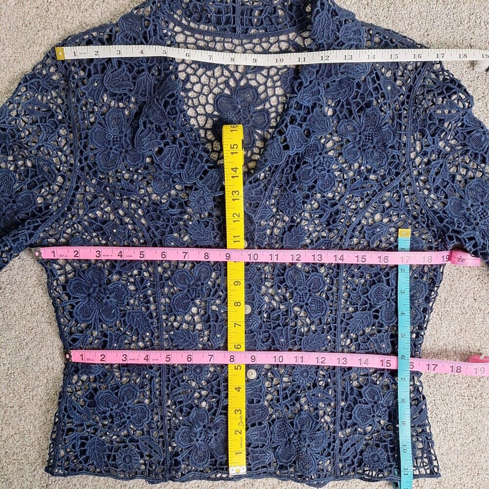 Lafei-nier Boho Floral Crochet Lace Jacket Cardigan Top Denim Color Rhinestones - Picture 7 of 9